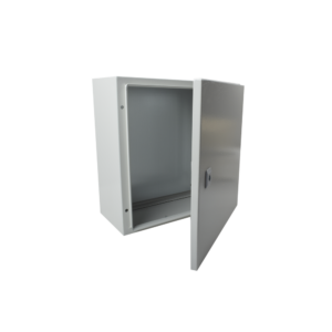 Single Door Wall Mount Enclosure (15.75 x 15.75 x 7.87 in) and Metal Backplate for equipment assembly.